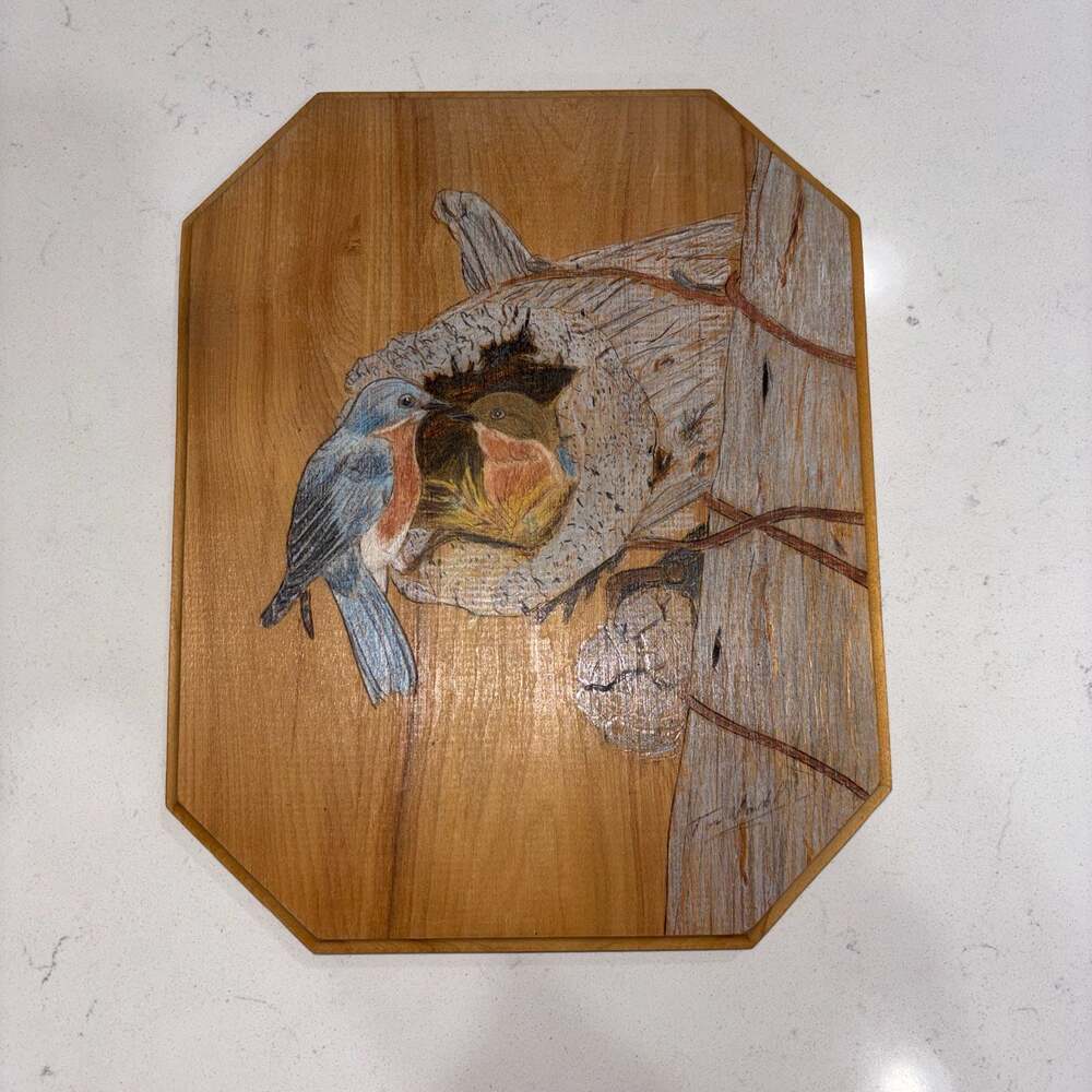 Tom Vandenbosch Handcrafted Bluebirds Wood Burned Pyrography Art Plaque